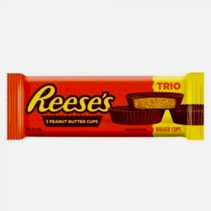 A 63g Reese’s Trio Bar packaging showing three large milk chocolate peanut butter cups.