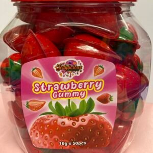 A bulk tub of 50 individually wrapped 18g Strawberry Jelly Filled Gummies with a red chewy shell and juicy strawberry liquid center.