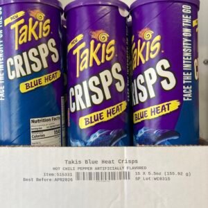 A 150g blue canister of Takis Crisps Blue Heat featuring stackable blue potato crisps with chili and lime seasoning.
