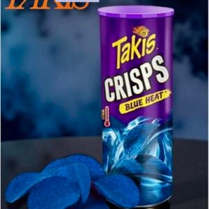 A 150g blue canister of Takis Crisps Blue Heat featuring stackable blue potato crisps with chili and lime seasoning.