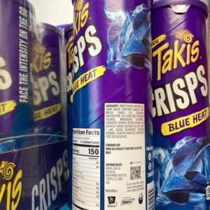 A 150g blue canister of Takis Crisps Blue Heat featuring stackable blue potato crisps with chili and lime seasoning.