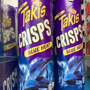 A 150g blue canister of Takis Crisps Blue Heat featuring stackable blue potato crisps with chili and lime seasoning.