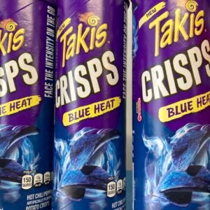A 150g blue canister of Takis Crisps Blue Heat featuring stackable blue potato crisps with chili and lime seasoning.