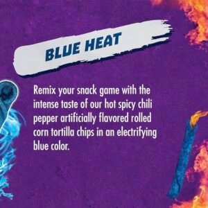 A 150g blue canister of Takis Crisps Blue Heat featuring stackable blue potato crisps with chili and lime seasoning.