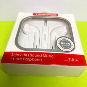 White Tranyoo T-R16 in-ear earphones with a Lightning connector and a 3-button volume controller.