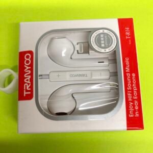 White Tranyoo T-R16 in-ear earphones with a Lightning connector and a 3-button volume controller.