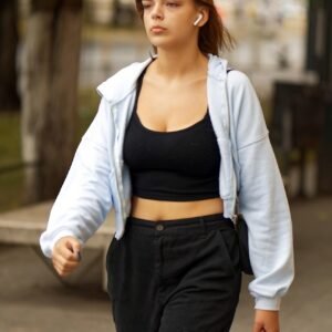 person, woman, girl, casual, phone, earphone, pants, going, outdoors, urban, lifestyle, young