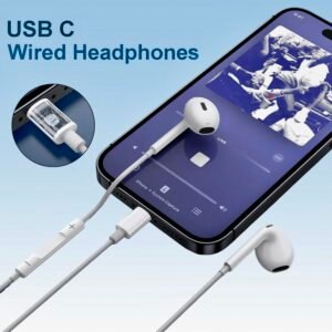 Argonomic white USB-C earbuds with Hi-Fi sound and noise cancellation, compatible with iPhone 16 and Samsung Galaxy