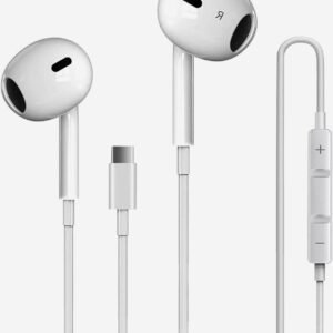Argonomic white USB-C earbuds with Hi-Fi sound and noise cancellation, compatible with iPhone 16 and Samsung Galaxy