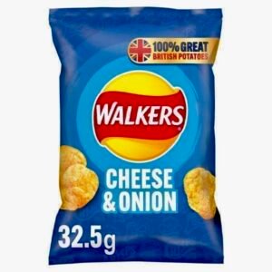 A wholesale case containing 32 individual blue bags of Walkers Cheese and Onion potato crisps.