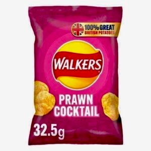 A bulk retail box containing 32 individual pink bags of Walkers Prawn Cocktail flavored potato crisps.