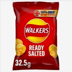 A individual red bags of 32.5g Walkers Ready Salted potato crisps.