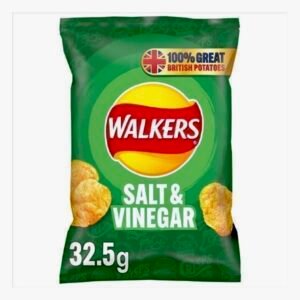 A wholesale case containing 32 individual green bags of Walkers Salt and Vinegar potato crisps.