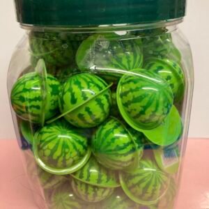 A bulk tub of 50 individually wrapped 18g Watermelon Jelly Filled Gummies with a soft green shell and red liquid center.