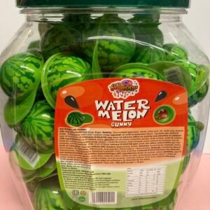 A bulk tub of 50 individually wrapped 18g Watermelon Jelly Filled Gummies with a soft green shell and red liquid center.