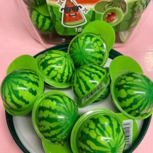 A bulk tub of 50 individually wrapped 18g Watermelon Jelly Filled Gummies with a soft green shell and red liquid center.