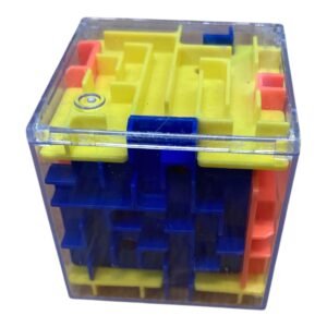 A 3D magic square maze challenge game featuring a clear plastic cube with multi-colored yellow and blue internal paths and a small metal ball.