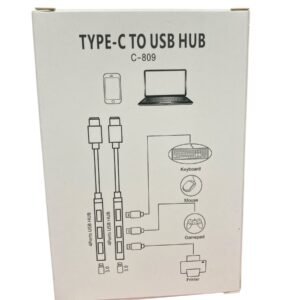 4 Port USB to USB Hub packaging showing compatibility with MacBook, Phone, and various peripherals like keyboards and gamepads.