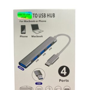 4 Port USB to USB Hub packaging showing compatibility with MacBook, Phone, and various peripherals like keyboards and gamepads.