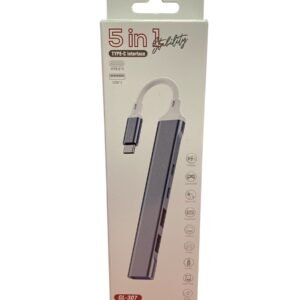 5-in-1 Type-C adapter hub showing ports for charging, audio, and multiple USB peripherals like keyboards and gamepads.