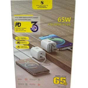 65W folding plug wall charger with two cables: USB-C to Lightning and USB-C to USB-C