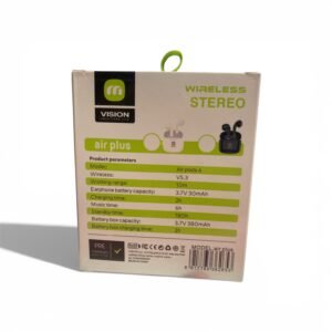 White Air Plus Wireless Stereo Earbuds (Air Pod 4) with their matching compact charging case and charging cable.