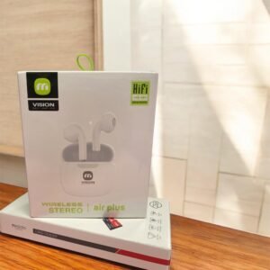 White Air Plus Wireless Stereo Earbuds (Air Pod 4) with their matching compact charging case and charging cable.