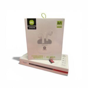 White Air Plus Wireless Stereo Earbuds (Air Pod 4) with their matching compact charging case and charging cable.