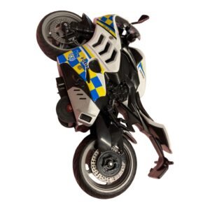 A realistic white and blue alloy police motorcycle toy with "Police" decals, featuring pressure-activated LED lights, siren sounds, and a pull-back rebound motor.