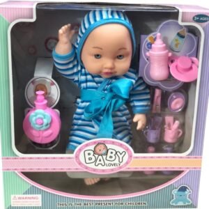Baby Lovely doll wearing a blue and white striped hooded robe with a satin bow, packaged with pink and purple bath time accessories.