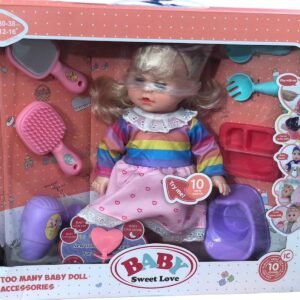 Baby Sweet Love interactive doll in a rainbow-striped shirt and pink heart-patterned dress, packaged with a purple toy potty, hairbrush, and blow dryer.