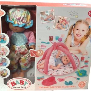 Baby Sweet Love interactive doll set featuring a 10-sound doll in a flamingo print outfit, a pink activity gym, and a toy potty.