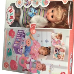 Baby Sweet Love nursery play set featuring a doll in a colorful striped dress, a purple rocking crib, a pink high chair, and feeding accessories.