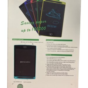Back of the BAIBIAN LCD Writing Tablet box showing technical specifications, usage instructions, a 3V replaceable battery diagram, and a lanyard hole feature.