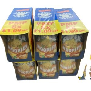 A retail display stack of Batchelors Super Noodles Chicken Flavour 8-pack bundles with a yellow Price Marked Pack banner showing £1.09 RRP.