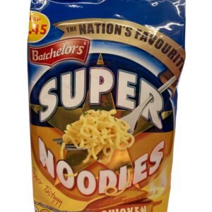 Home Front view of a blue and yellow packet of Batchelors Super Noodles Chicken Flavour featuring a forkful of noodles and nutritional information.