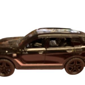 Black die-cast metal model SUV with a silver racing stripe along the base and high-detail black rims.