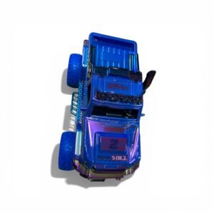 Top view of a blue high-speed electric toy car featuring gilded metallic accents, red textured monster truck tires, and realistic racing decals.