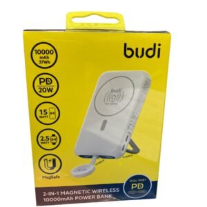 A BUDI 10000mAh portable charger with magnetic wireless charging pad and USB-C PD port.