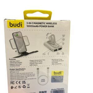 A BUDI 10000mAh portable charger with magnetic wireless charging pad and USB-C PD port.