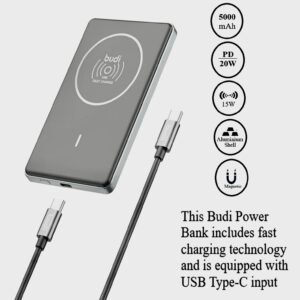 An ultra-thin 8.7mm BUDI magnetic power bank with an aluminium finish, shown charging a smartphone wirelessly.