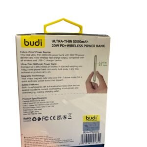 An ultra-thin 8.7mm BUDI magnetic power bank with an aluminium finish, shown charging a smartphone wirelessly.
