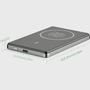 An ultra-thin 8.7mm BUDI magnetic power bank with an aluminium finish, shown charging a smartphone wirelessly.