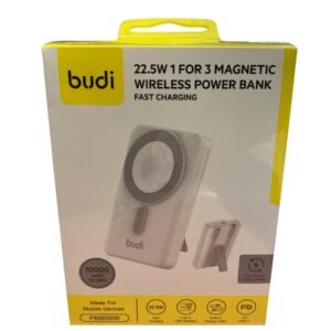 A BUDI PB809W 10000mAh power bank showing the magnetic charging interface and 22.5W fast-charge output ports.