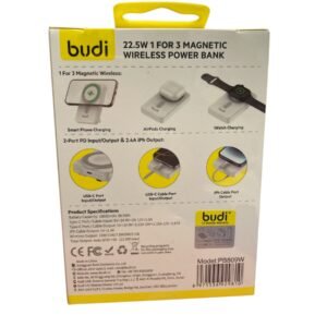 A BUDI PB809W 10000mAh power bank showing the magnetic charging interface and 22.5W fast-charge output ports.