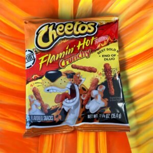A 1.25-ounce bag of Cheetos Flamin' Hot Crunchy flavored snacks featuring Chester Cheetah against an orange and yellow background.
