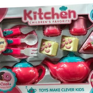 Interactive kitchen play set featuring a pink and teal teapot, matching tea cups, toy cutlery, and realistic dessert pieces like strawberry cake and donuts.