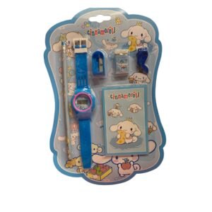 Blue Cinnamoroll Sanrio themed stationery gift set featuring a digital wristwatch, pencil, notepad, eraser, and sharpener.