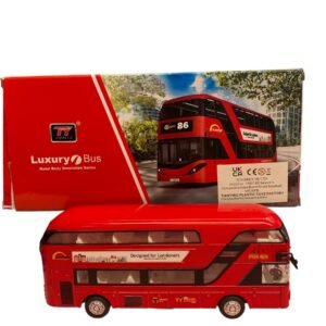 Iconic red London double-decker bus toy with a die-cast metal body, "Sightseeing" branding, and realistic light and sound functions.