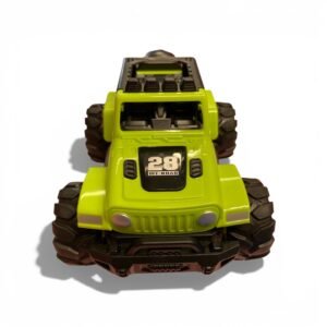 A teal and orange inertia-powered off-road toy car with large black textured tires and a sleek, rugged body design for kids aged 3 and up.